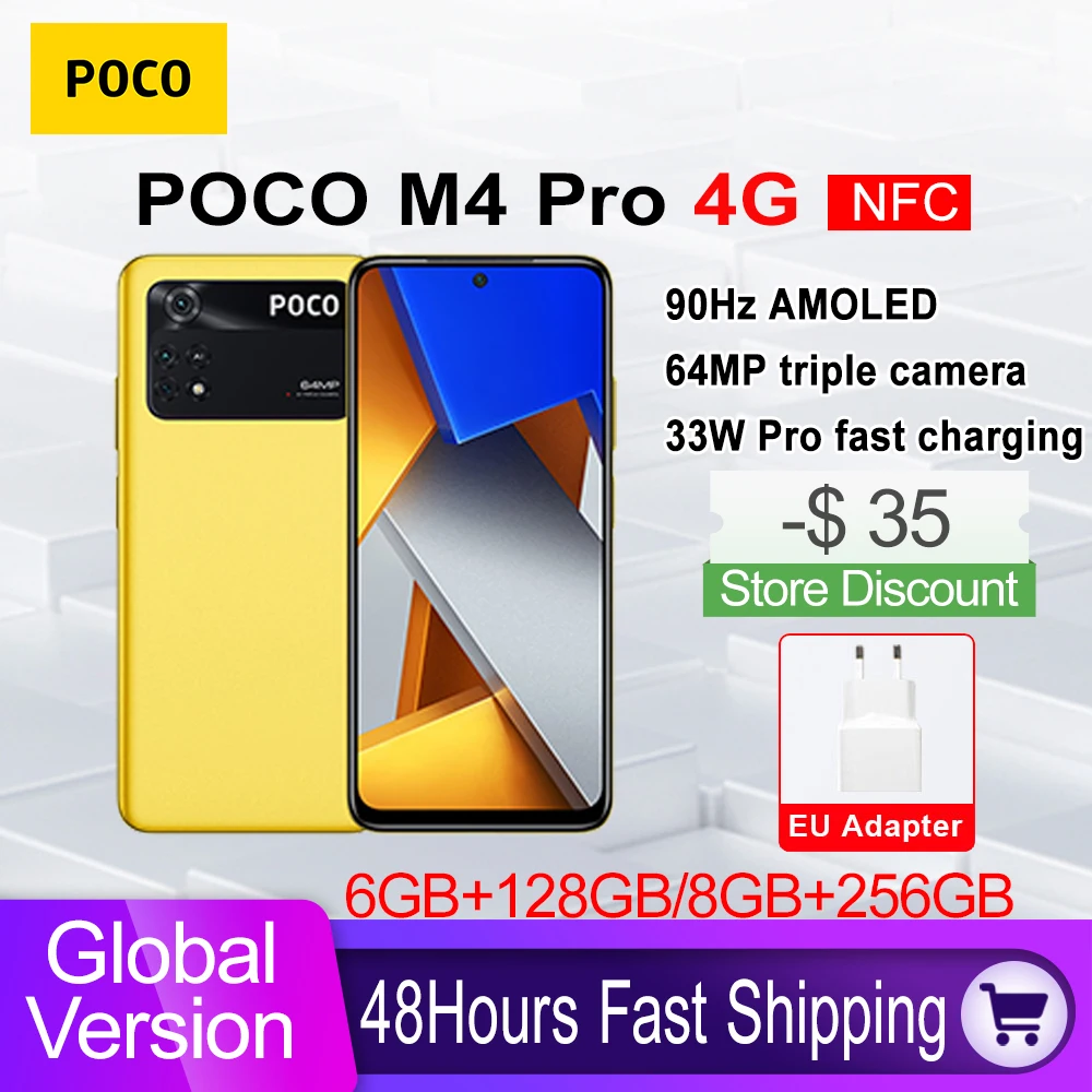 Global Version POCO M4 Pro 4G Smartphone 128GB/256GB Helio G96 Octa Core 90Hz AMOLED 33W Pro Fast Charging 64MP Camera NFC