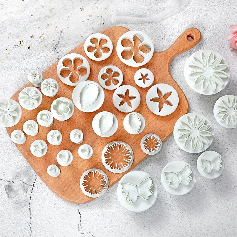 

33 Pcs Fondant Cutters Tools Fondant Cake Cutter Mould Ejector Stamp Modeling Cookie Plunger Cutter Sugarcraft Flower Leaf