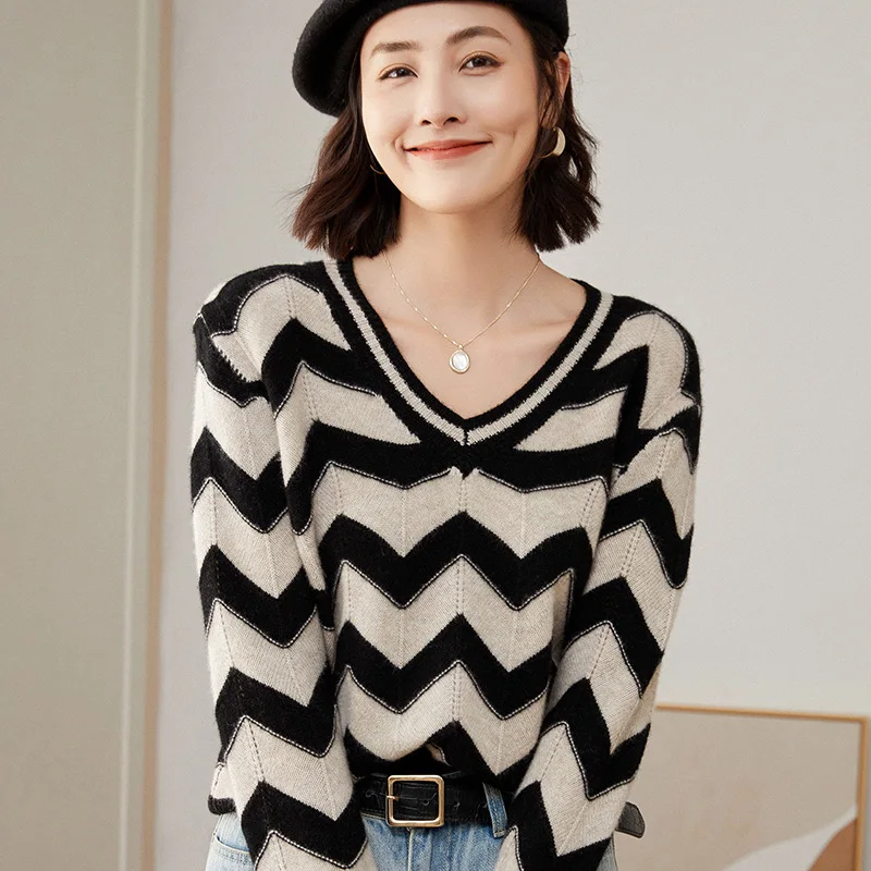 

Addonee New Chic Autumn Winter Women Sweater V-Neck Pullover 100% Merino Wool Hollow Grace Cashmere Knitwear Korean Fashion Tops