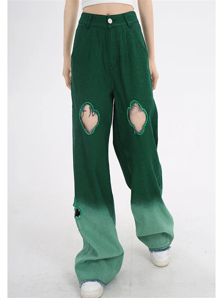 

Gradient Green Hollow Straight Jeans Women's Spring And Summer New Design Loose All-match Wide-leg Pants Denim Trousers Female
