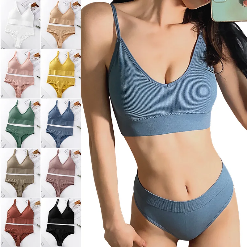 

French Style Female Thin Section Wire Free Sexy Gather Bra Triangle Cup Underwear Vest Comfortable Breathable Panties Bra Set