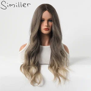 Similler Long Synthetic Wigs for Women Central Part Heat Resistance Wavy Hair Brown T Ash Blonde Ombre Wig