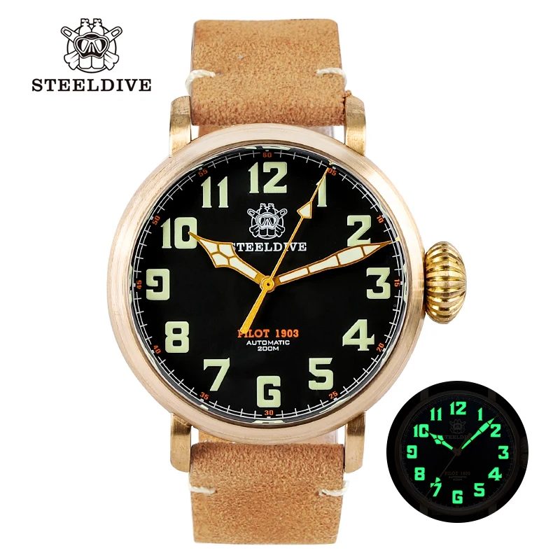 

Steeldive 1903S Bronze Pilot Watch for Men 46mm Black Dial NH35 20Bar Waterproof Diver Automatic Mechanical Watches