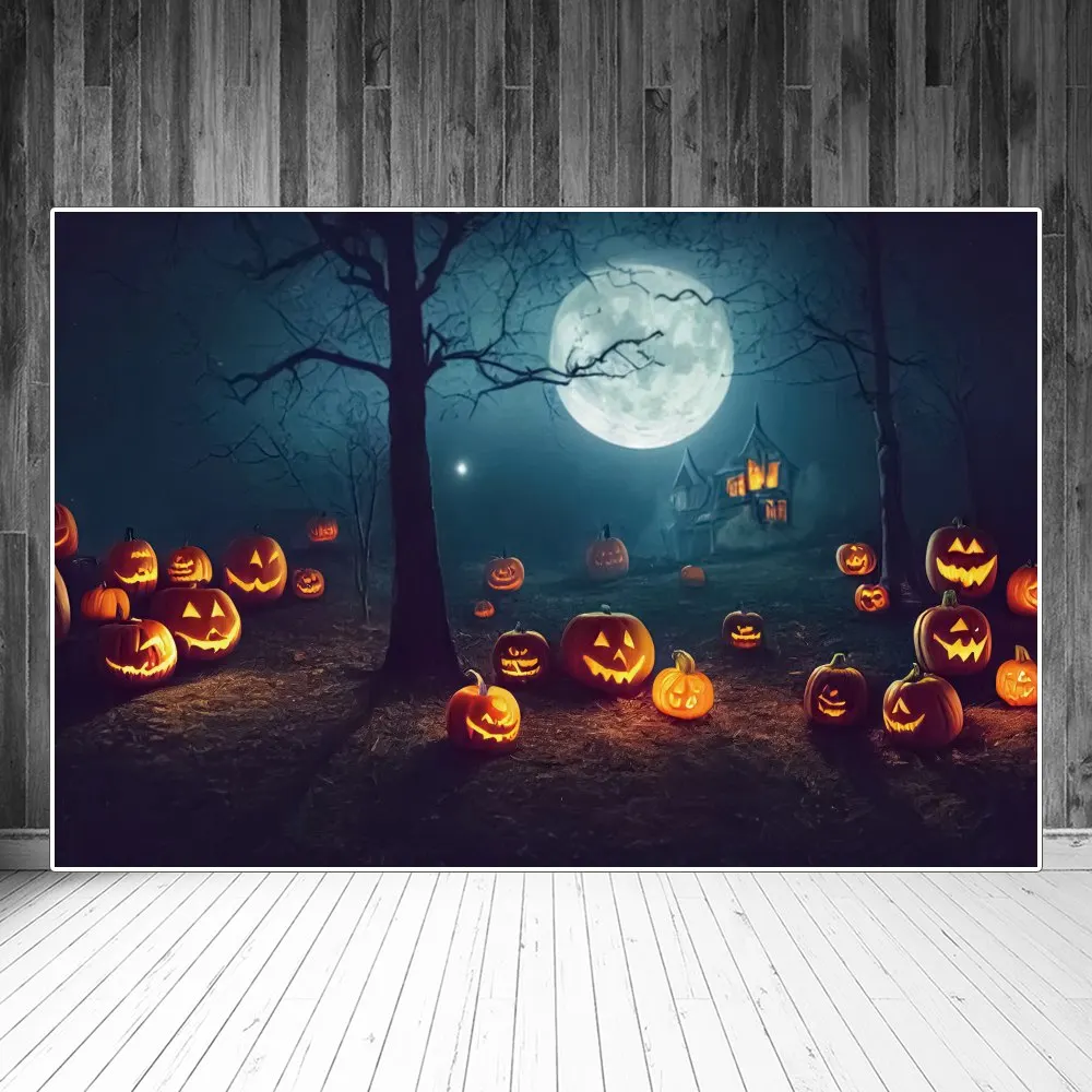 

Halloween Moon Night Photography Backdrops Decoration Pumpkin Lanterns Sign Baby Party Photocall Photobooth Background Banner