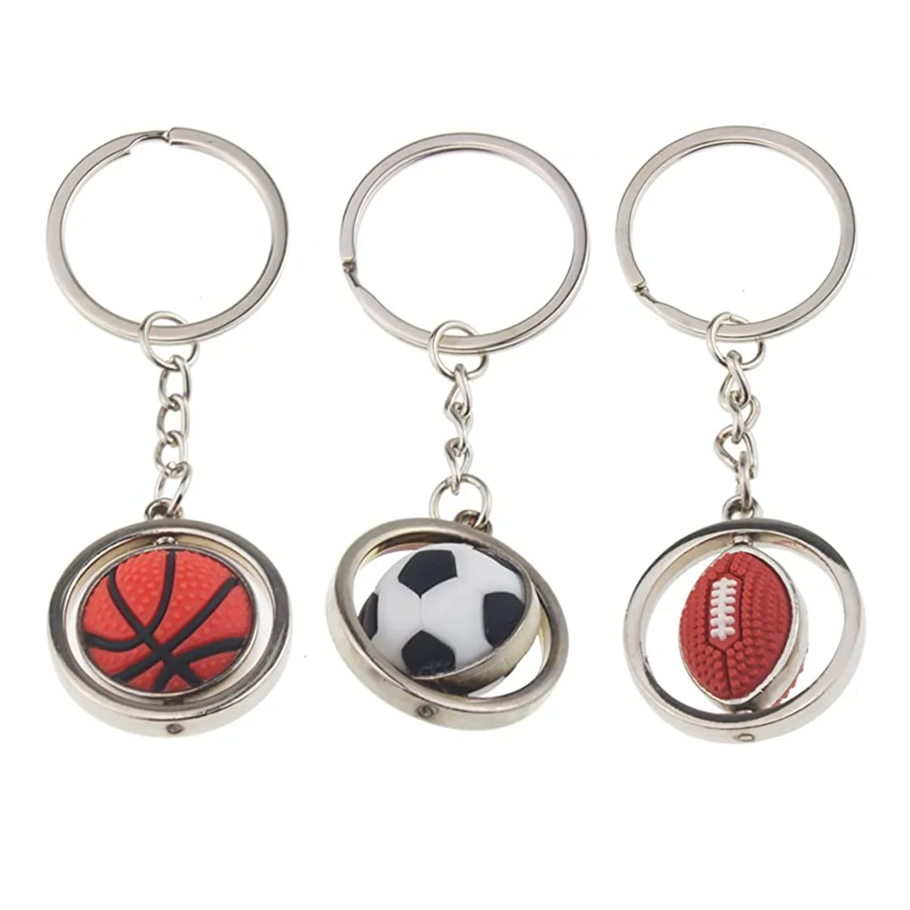 Mini 3D Rotating Basketball Football Golf Rugby Keychain Car Hanging Decoration Creative Metal Sports Key Rings Souvenir Gifts