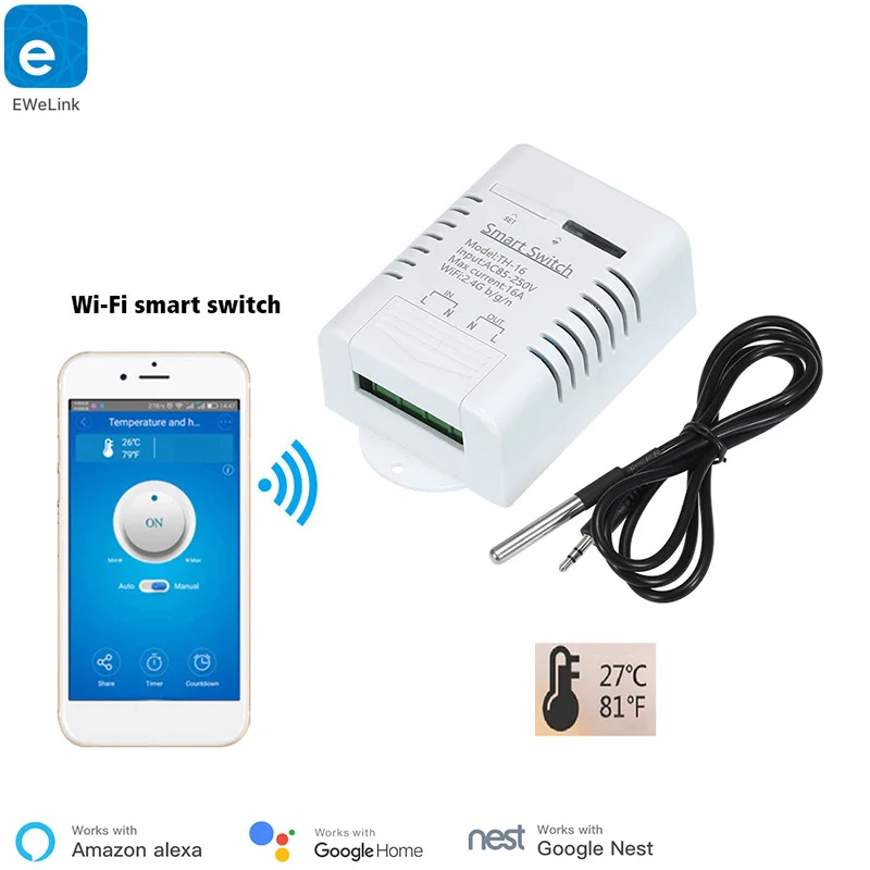 EWeLink TH-16 умный Wifi переключатель 16A/3000 Вт датчик температуры наблюдения RF433 пульт