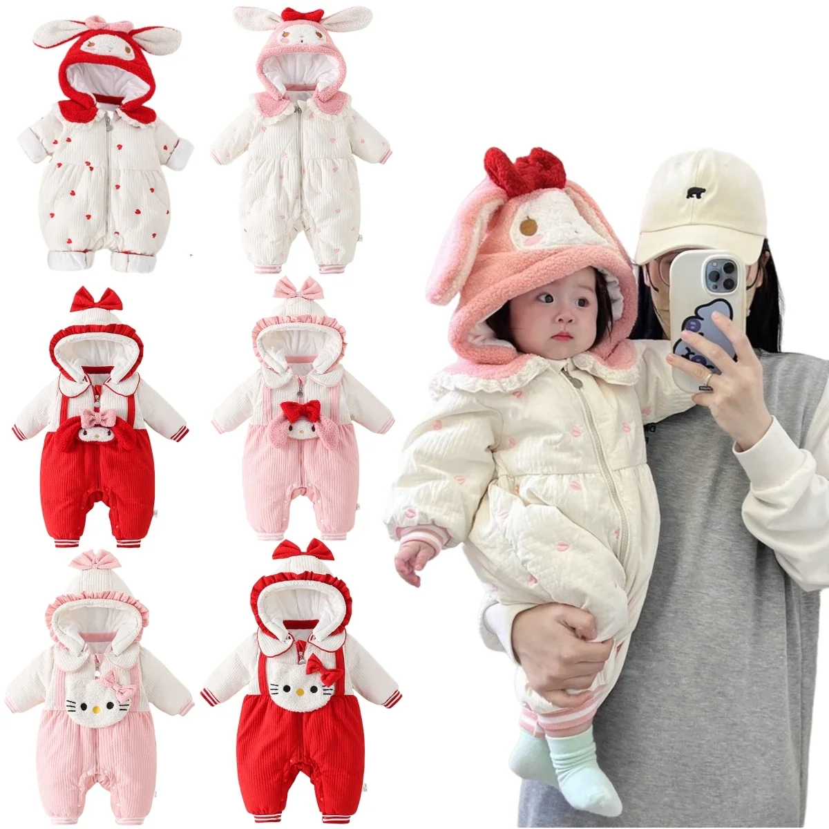 

Anime Sanrios My Melody Hellokittys Children Winter Cotton Clothing Rompers Pajamas Cartoon Baby Thickened Warm Hooded Jumpsuit