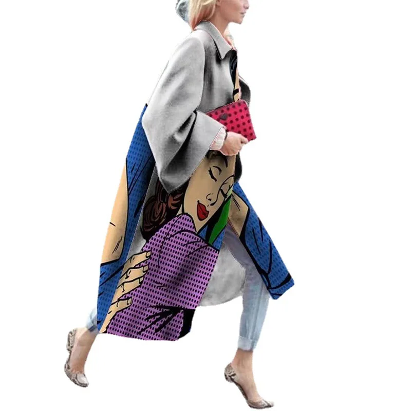 

2022 Women's new long sleeve lapel coat printed woolen coat