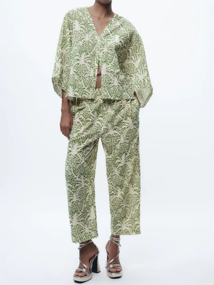 

Женский брючный костюм с принтом, однобортная Блузка с V-образным вырезом и рукавами «летучая мышь» и длинные брюки с эластичным поясом, лето 2023