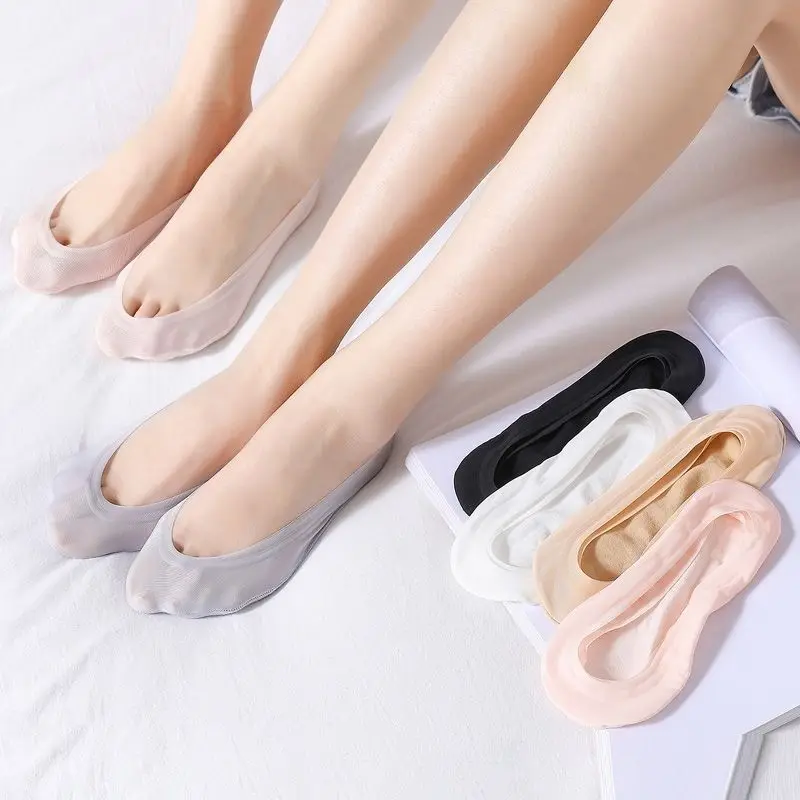 5pairs Silicone Anti-slip Invisible No Show Socks Summer Ultra-thin Breathable Sock Shoe Slippers Ice Silk Low Cut Boat Socks