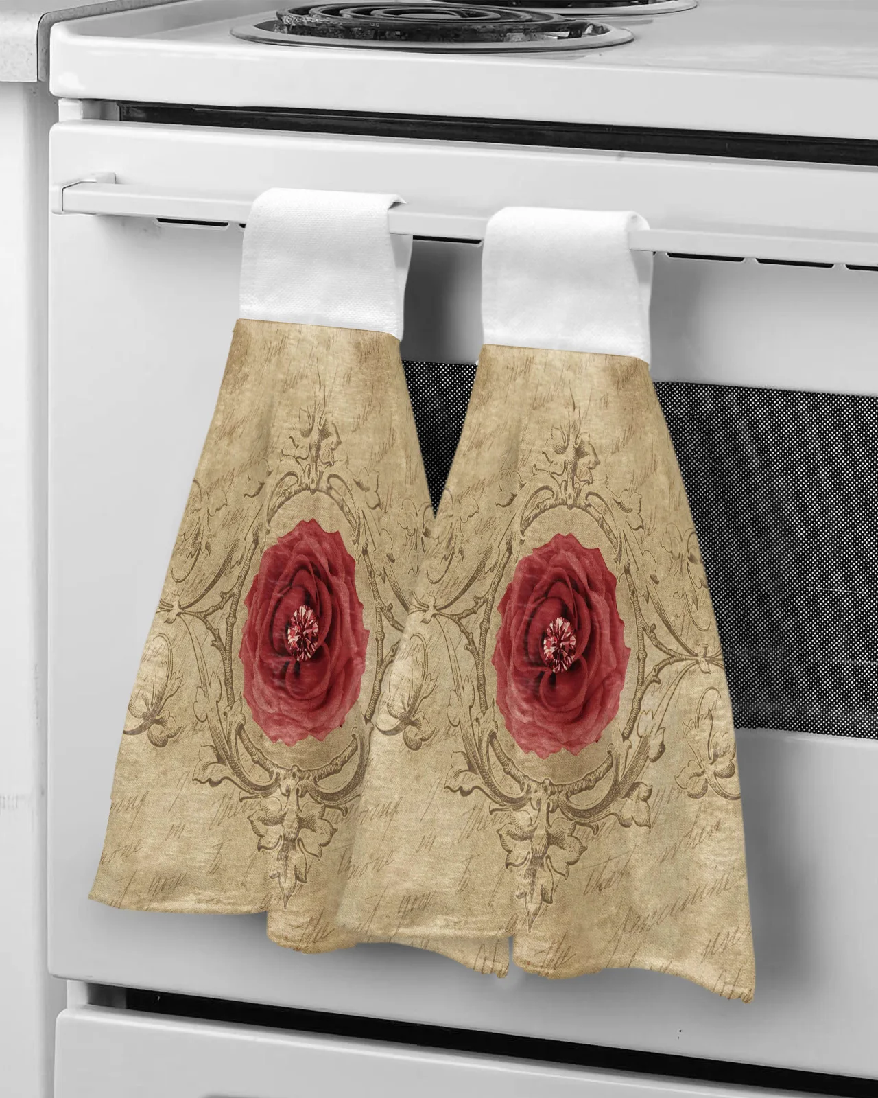 

Retro Red Flower Gem Hand Towel Microfiber Hanging Wipes Cloth Tableware Cleaning Towel Bathroom Kitchen Tools Accessories