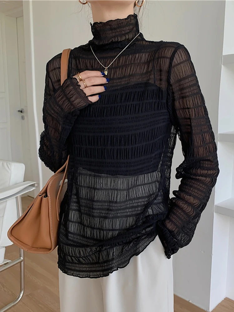 2022 New Solid Pleated Women Shirts Fashion See Though Mesh Lace Long Sleeve Tops Ladies Autumn Winter Turtlenck Blouse