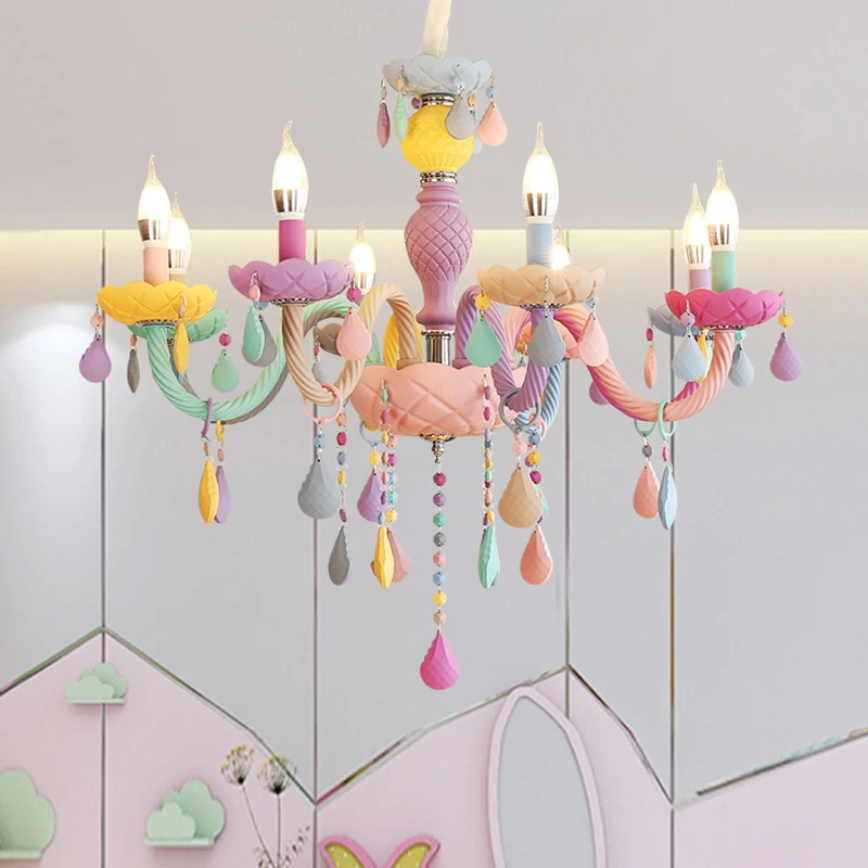 

Modern Chandelier Rainbow Crystal Candle Lustres Makaron Led Ceiling Pendant Lamp Children's Bedroom Princess Dining Room Lights
