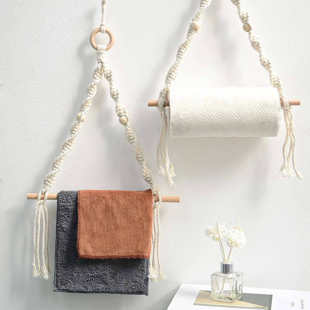 

2023 Bohemian Hand-woven Wall-mounted Wooden Bead Roll Paper Rack Towel Rack Homestay Tissue Storage Rack Wall Home Decoration