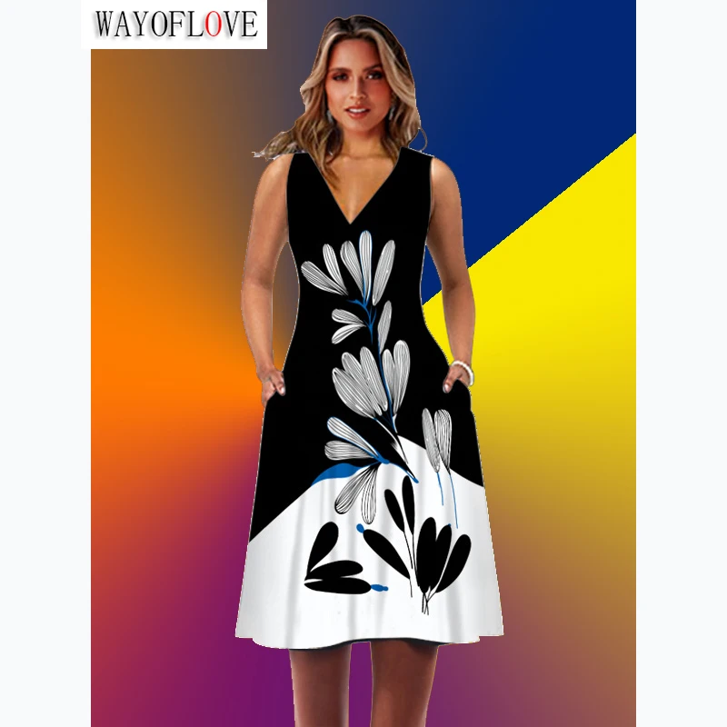 

WAYOFLOVE Woman Vintage Summer Dress Elegant Party Casual Beach Holiday Slim Sleeveless Vestidos Leaf Print V Neck Black Dresses