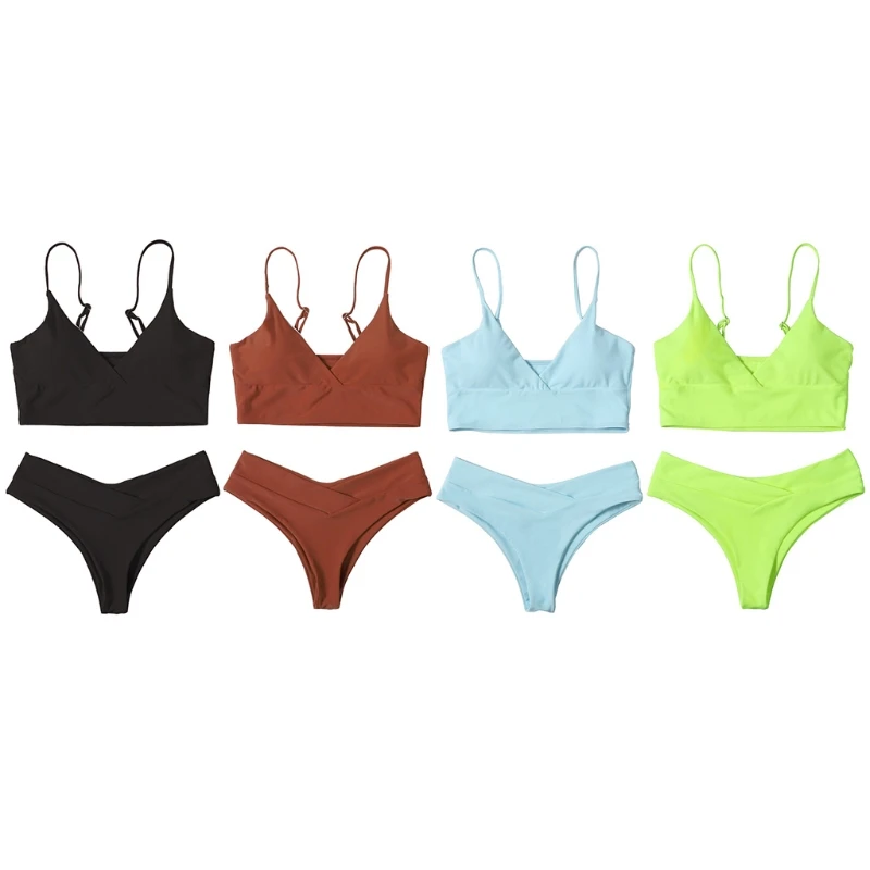 

Women Sexy 2 Piece Bikini Set Spaghetti Strap V-Neck Push Up Vest Swimsuit High Waisted Thong Solid Color Bathing Suit D5QD