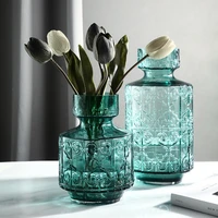 american embossed glass vase decoration flower arrangement in transparent blue hydroponic flower pot stylish home pendulum