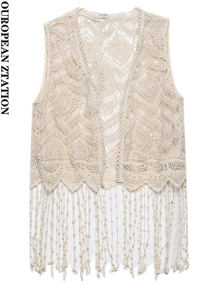 

PAILETE Women 2022 fashion with fringing crochet waistcoat vintage sleeveless open female shirts blusas chic tops