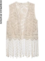 pailete women 2022 fashion with fringing crochet waistcoat vintage sleeveless open female shirts blusas chic tops