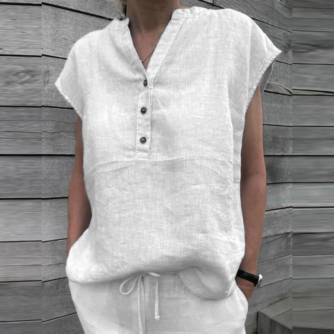 

2022 Spring Summer Short Sleeve Shirt Women Vintage Patchwork Cotton Linen Blouse Casual V Neck Button Solid Tops Blusas Mujer