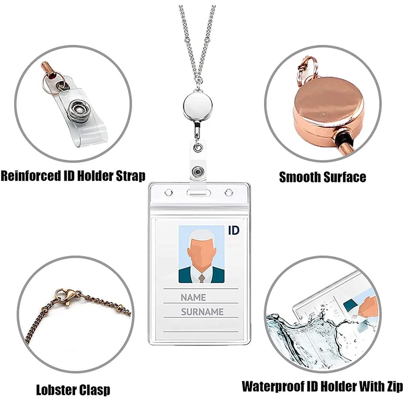 Retractable Badge Reel Lanyard ID Card Holders Stainless Steel Chain Necklaces Keychain Clip for Women Men Employee Wholesale images - 6