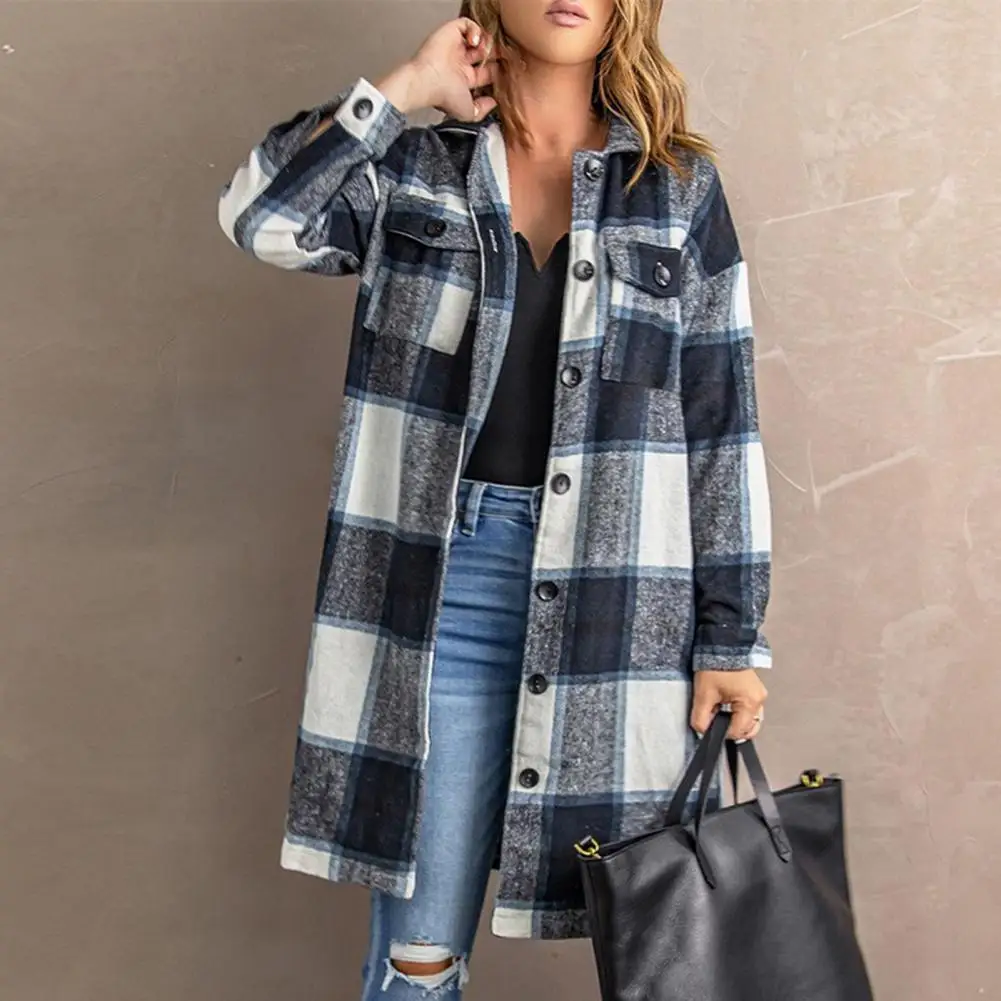 

Designed Sense Windproof Classic Plaid Print Casual Mid-Length Cardigan Shirt Female Clothing