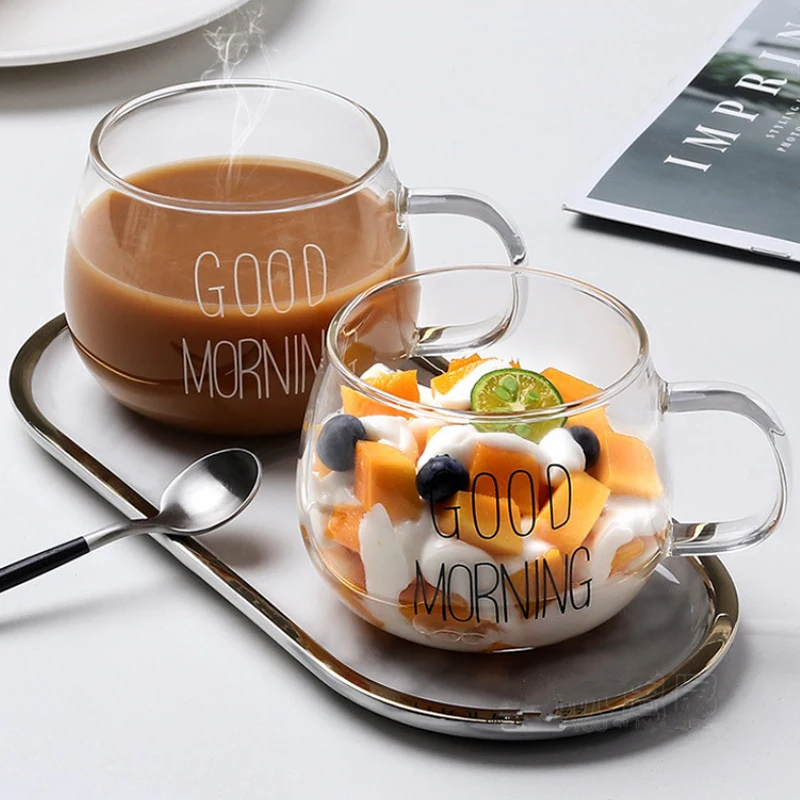 

Mugs Coffee Cups Creative Letter Printed Transparent Glass Tea Mug Drinks Dessert Breakfast Milk Cup with Handgrip Drinkware