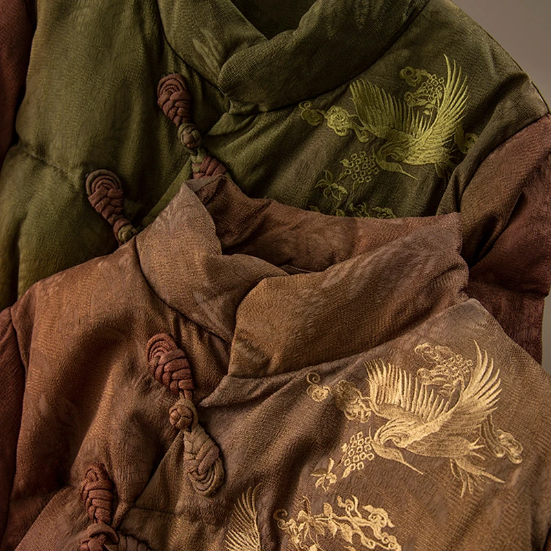 New Luxury Chinese Style  Embroidery  Casacos De Inverno Feminino  Down Jacket Women  85% White Goose Down Single Breasted Slim