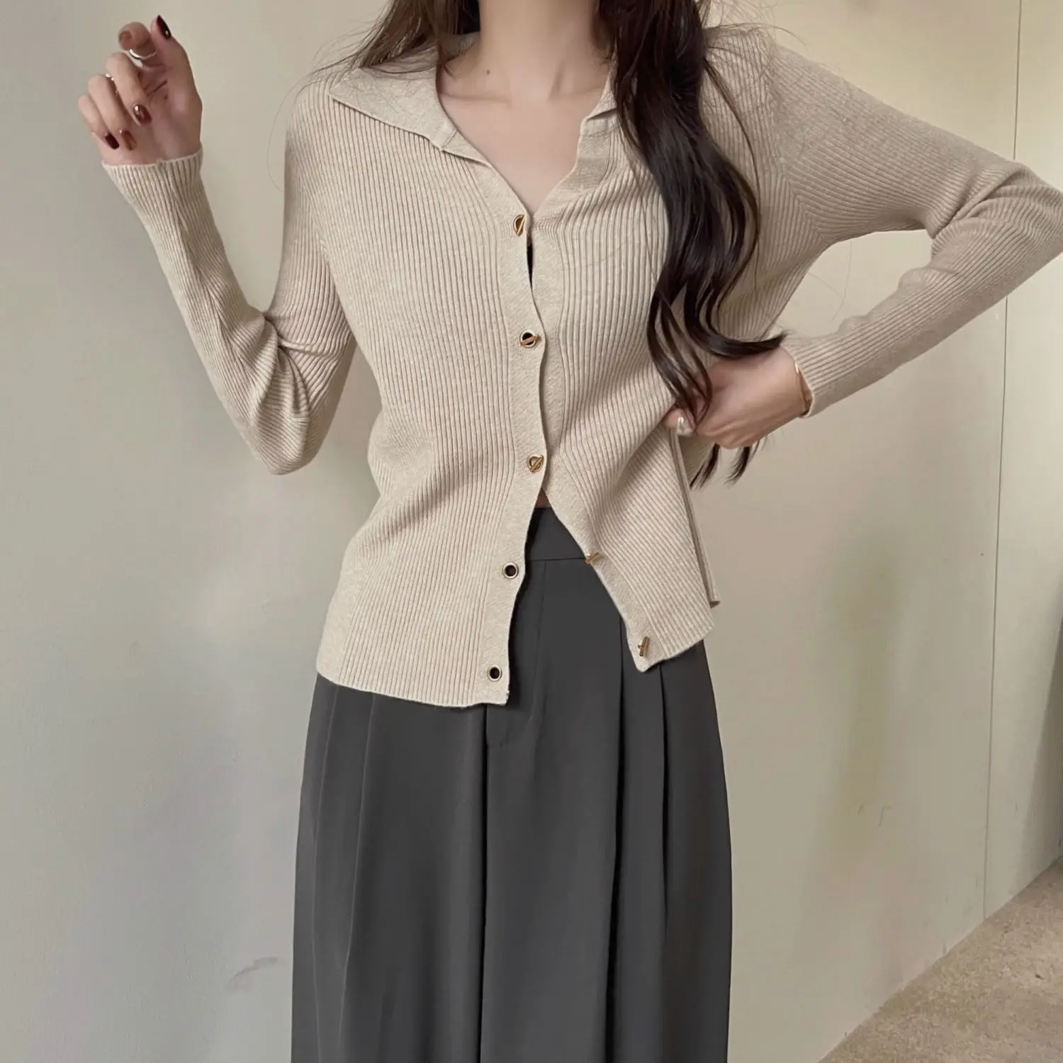 Повседневный Ретро-свитер с воротником-поло Однорядный трикотажный свитер