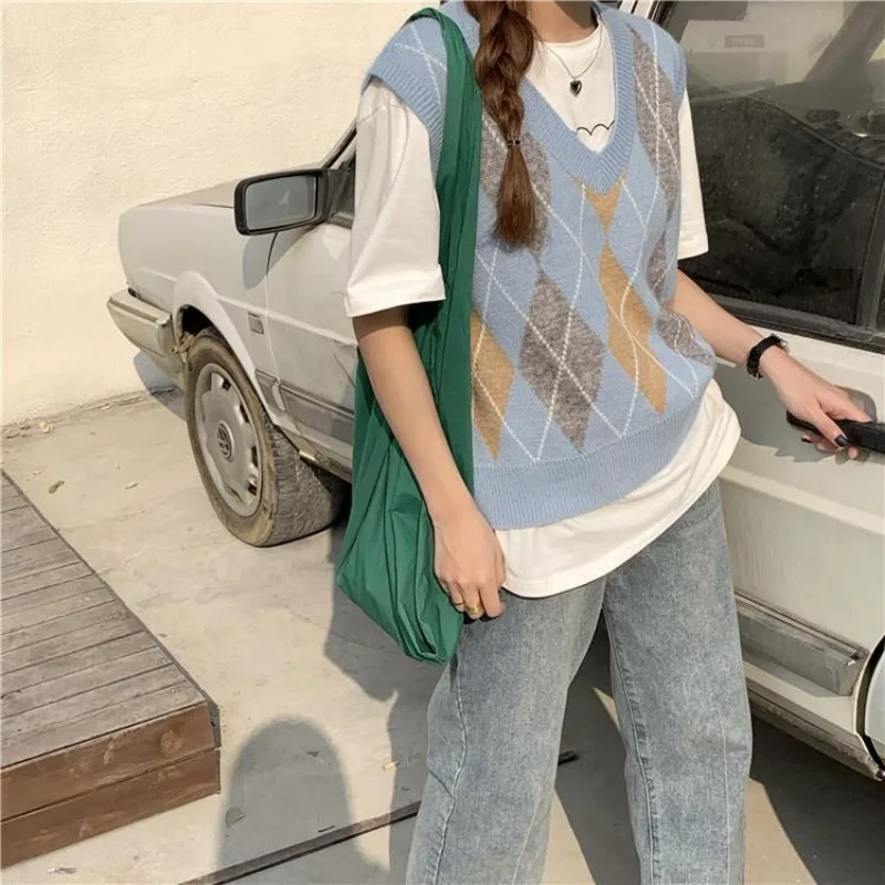 Вязаные жилеты для женщин зеленые женские свитера с V-образным вырезом клетчатый