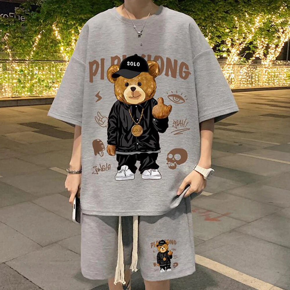 Y2K Fashion Little Bear Print Men's T-shirt Shorts Sets Oversize Loose Casual Suit for Male Unisex Street Sport Man Clothing
