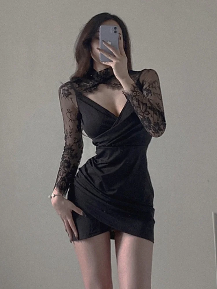 

Sexy Elegant V-neck WOMENGAGA Sexy Lace Splicing Mesh Irregular Hollow Out Long Sleeve Mini Dress Fairy Clothes Korean Tops 5N2Y