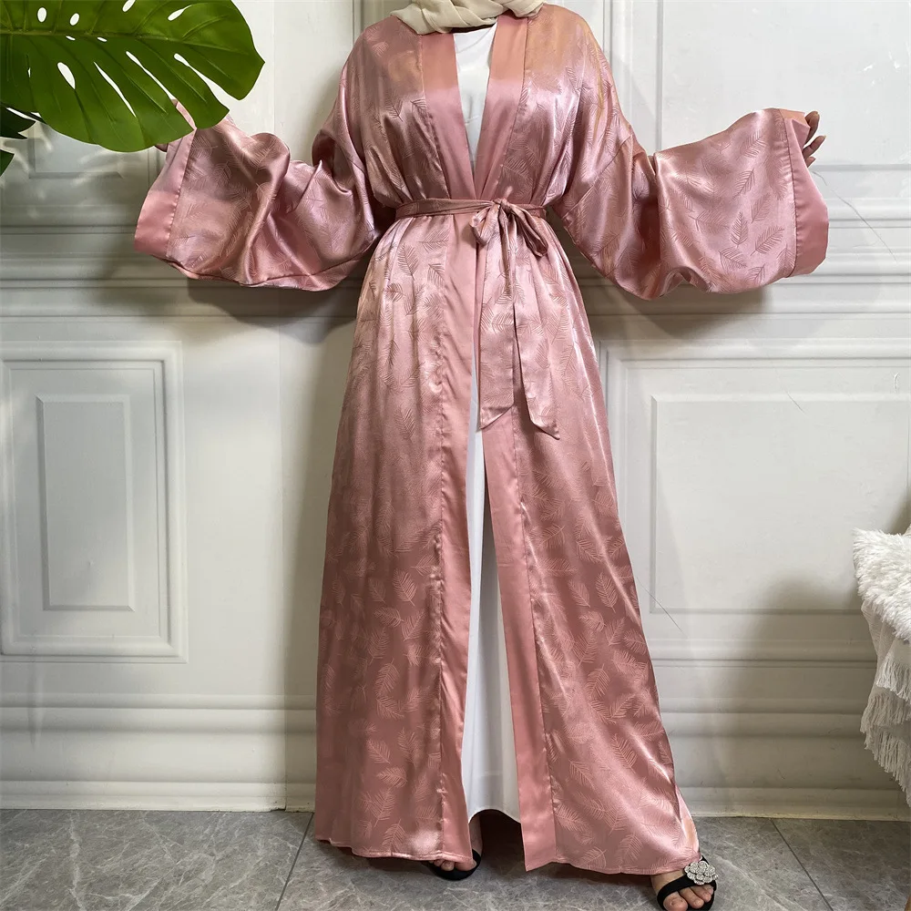 Middle East Fashion Printed Satin Cardigan Robe Loose Sleeve Muslim Dress Open Abaya Women Islamic Clothing Turkish Tunic Kimono