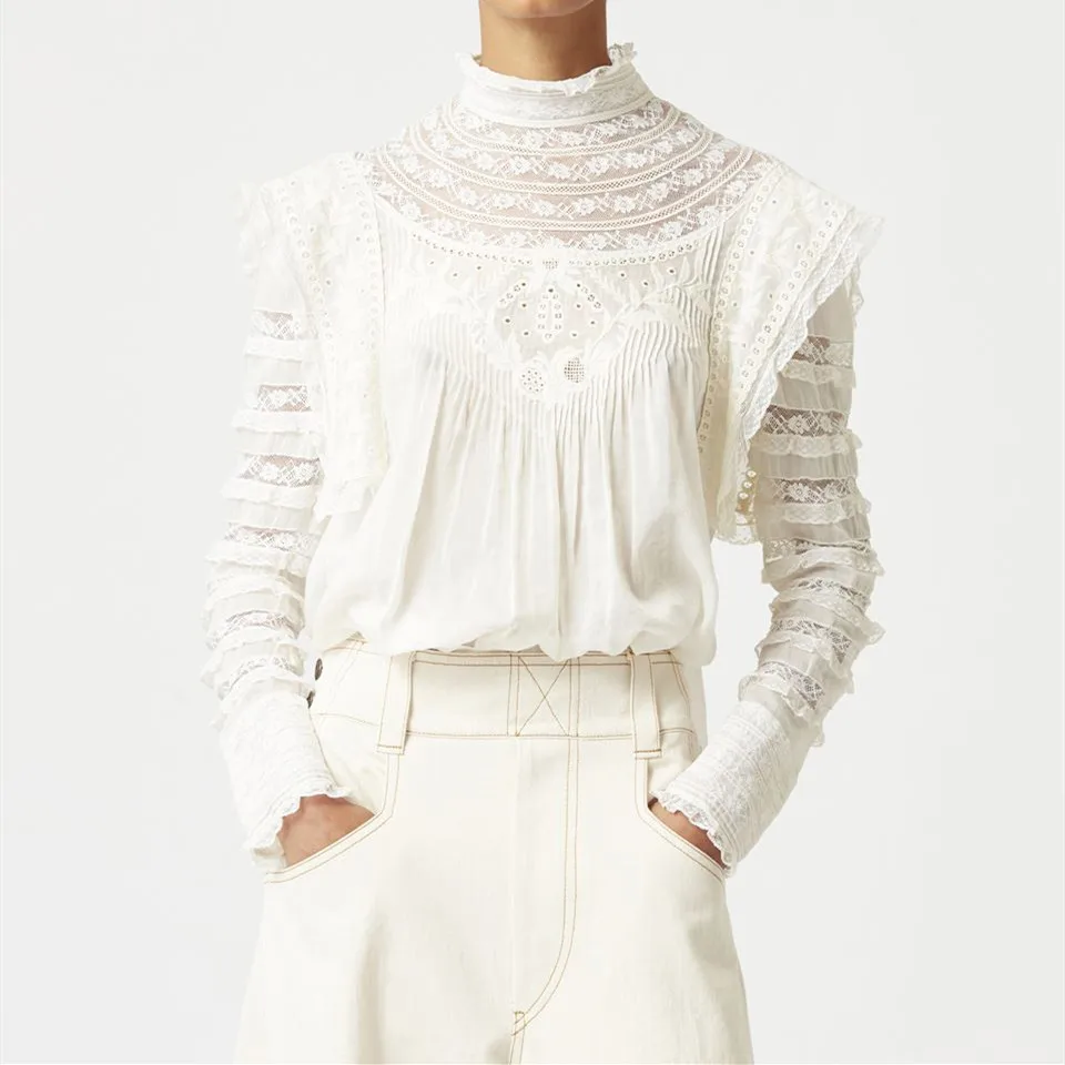 Women Shirt 100% Cotton 2022 Autumn Stand Collar Hollow Out Layered Lace Stitching Ruffled Double-sided Shirt