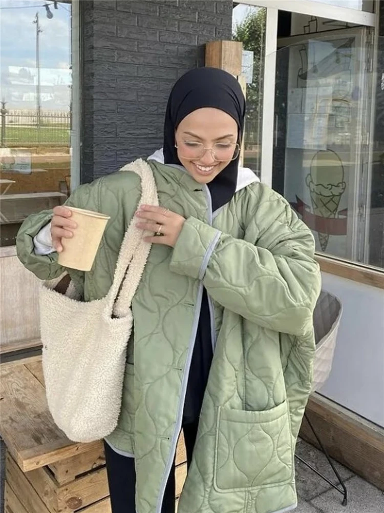 KEYANKETIAN women's diamond quilted cotton coat winter coat Army green oversize round neck single breasted cotton coat