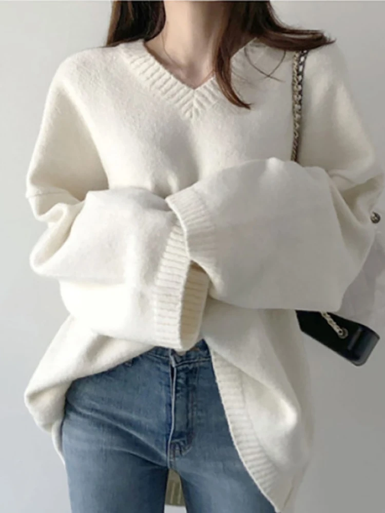 

Женский вязаный пуловер с V-образным вырезом и длинным рукавом