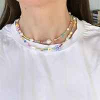 2022 new fashion women bohemian colorful flowers beads irregular pearl splicing necklace women summer party choker necklace
