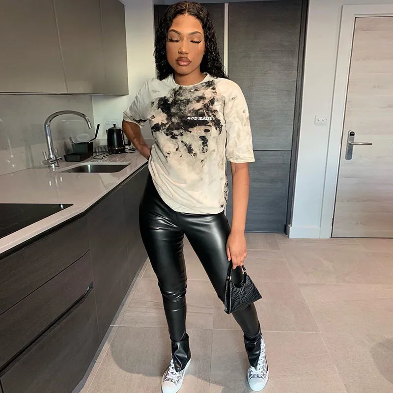 

Fashion Skinny Faux PU Leather Women Pencil Pants Side Split Bodycon High Waist Tight Trouser Y2k Black Female Club Streetwear