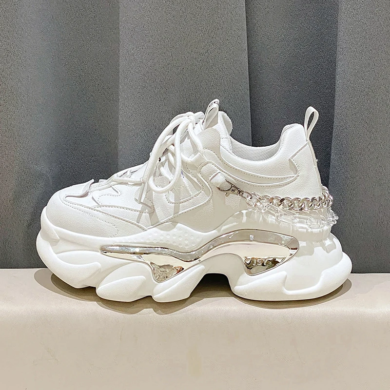 

Кроссовки женские кожаные на танкетке 8 см, повседневная обувь на массивной вулканизированной платформе, со скрытым каблуком и цепочкой, бе...