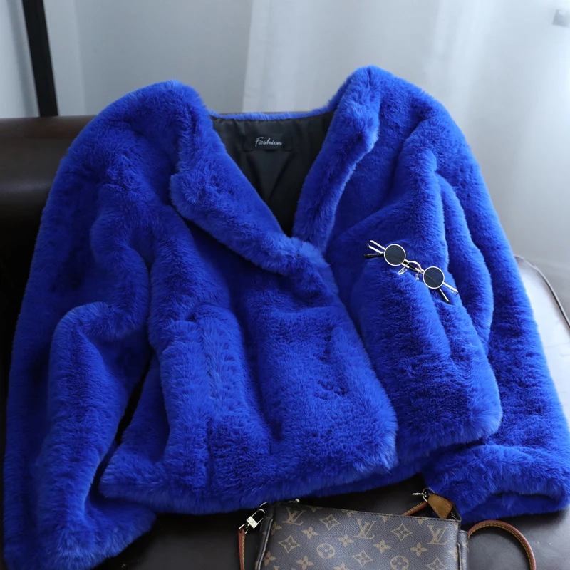 Long Sleeve Fur Coat New Women's Fashion Blue Environmental Protection Rex Rabbit Fur Short Coat Winter Faux Fur Jacket