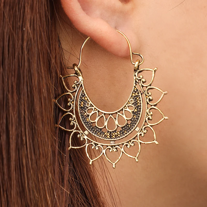 

Tocona Bohemia Heart Shape Carve Flower Gold Silver Color Drop Dangle Earring for Women Vintage Metal Earrings Pendientes