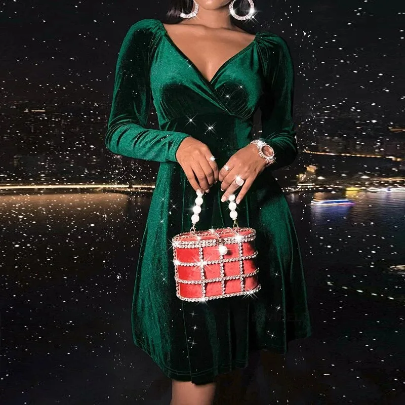 

OUSLEE Ретро сексуальное элегантное бархатное платье с высокой талией, женское облегающее мини-платье с длинным рукавом и V-образным вырезом, о...