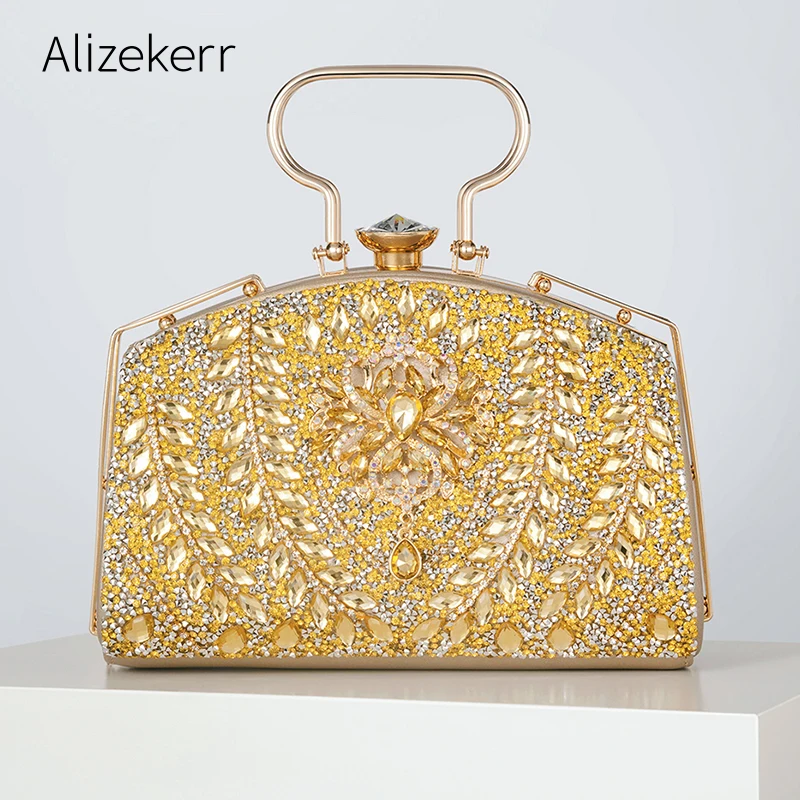 

Metal Handle Crystal Evening Clutch Bags Women 2023 Luxury Gold Shiny Rhinestone Box Purses And Handbags Bridal Wedding Party