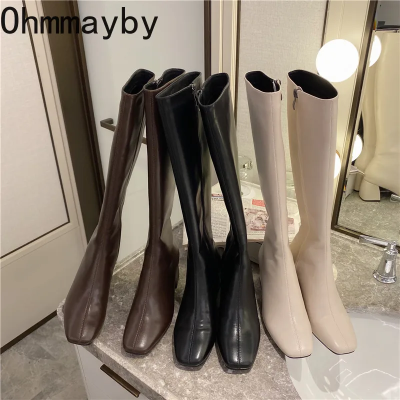 

Slim Woman Knight Knee-high Boots Square 6CM Heel Ladies Zippers Fashion Soft Leather Winter Long Boots 2022 Shoes For Women