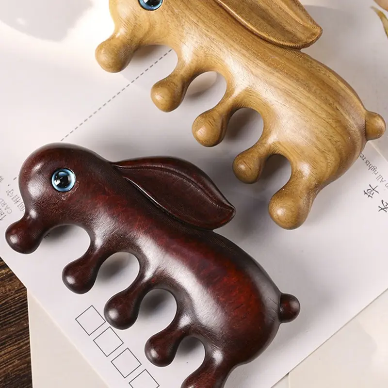 

1Pc Body Meridian Massage Comb Sandalwood Rabbit Shaped 5 Tooth Comb Acupuncture Therapy Anti-static Smooth Hair Comb