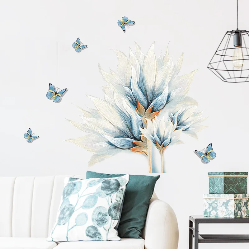 

Painted Water Color Blue White Flowers Stickers Removable PVC Butterfly Wall Decals Home Decoration Art Wall Decal Mural