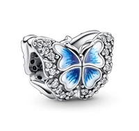 authentic 925 sterling silver moments blue butterfly sparkling with crystal charm bead fit pandora bracelet necklace jewelry