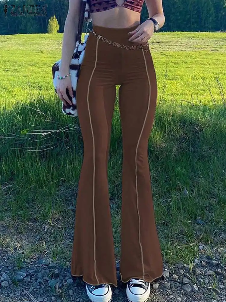 

2022 Autumn Solid Flare Trousers Fashion Y2K Maxi Pants ZANZEA High Elastic Waist Pantalon Women Casual Skinny Palazzo Oversized