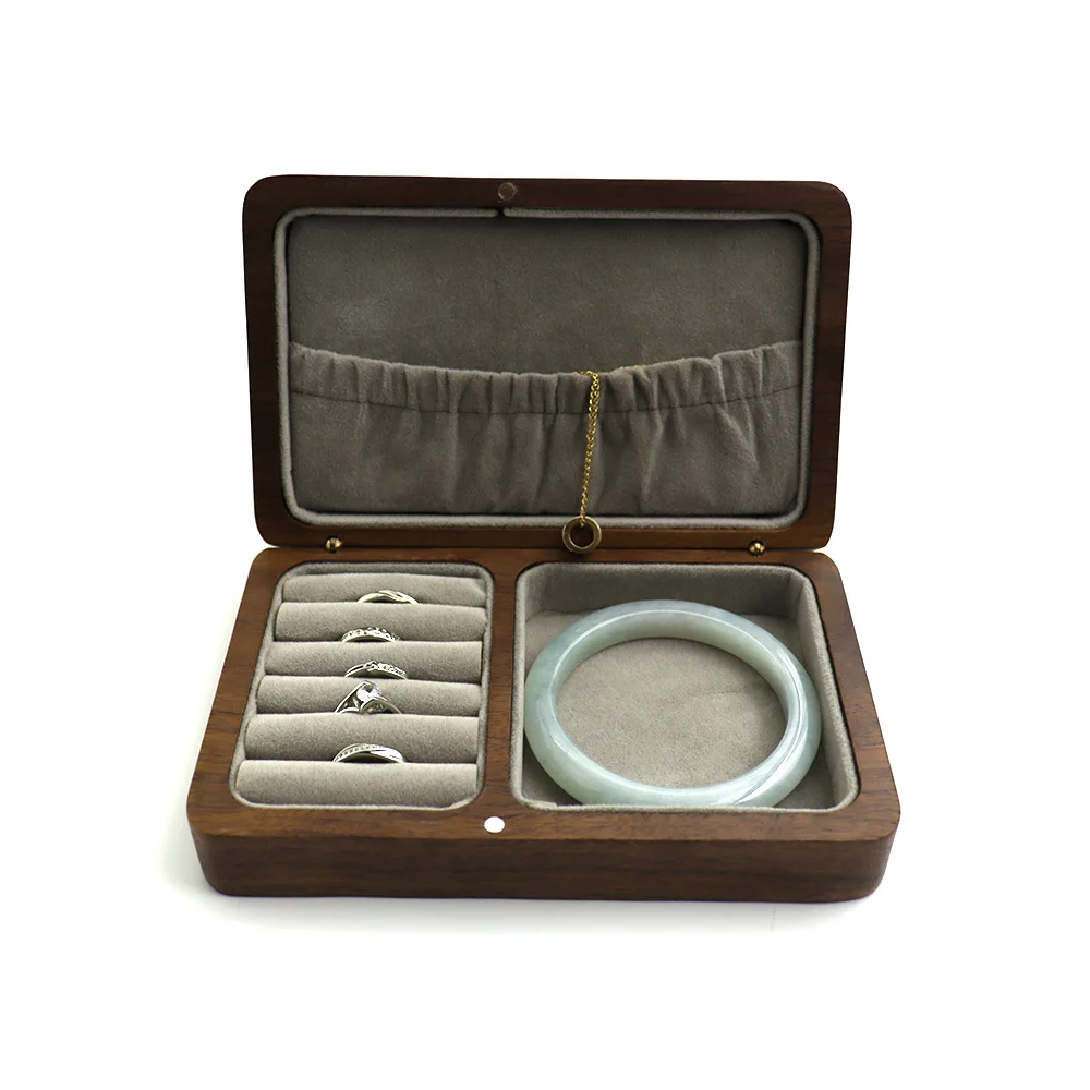 Boutique Black Walnut Cloth Pocket Jewelry Storage Box Ring Bracelet Earrings Necklace Carrying Case Wooden Gift Case