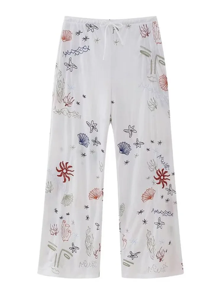 

Женские прямые брюки с цветочной вышивкой Kumsvag, винтажные элегантные брюки с поясом на резинке и завязками с бантом на лето 2023